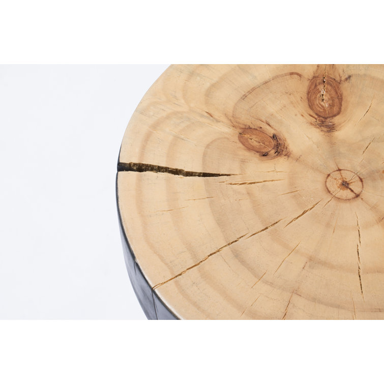 Modern Round Wood Drum End Table in Black and Natural Pine