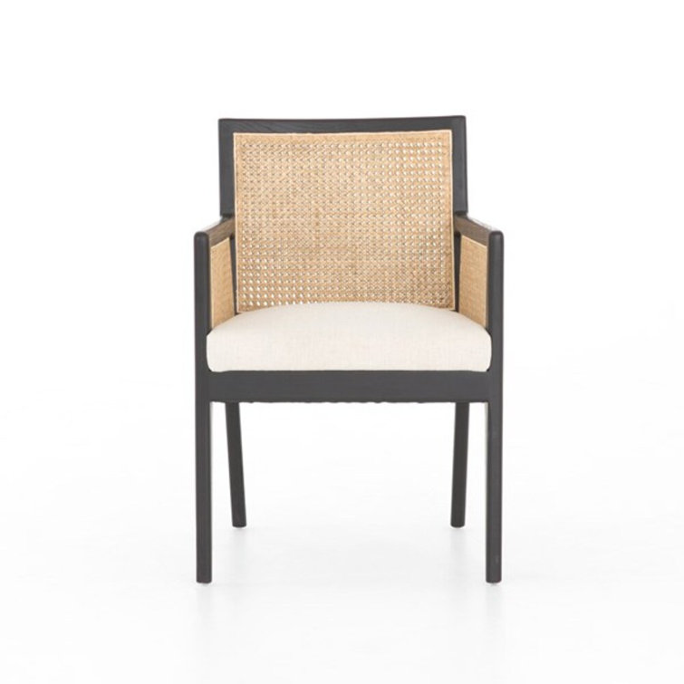 Savile Flax Linen & Cane Upholstered Arm Chair in Brushed Ebony
