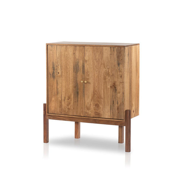 Mid-Century Toasted Acacia and Brass Bar Cabinet