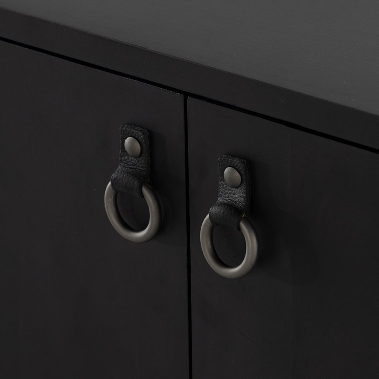 Modern Black Poplar Bar Cabinet with Leather Pulls