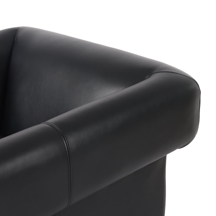 Black Genuine Leather Armchair with Brown Wood Frame