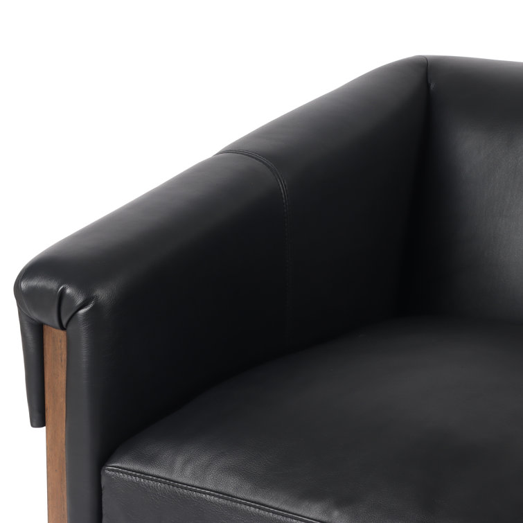 Black Genuine Leather Armchair with Brown Wood Frame