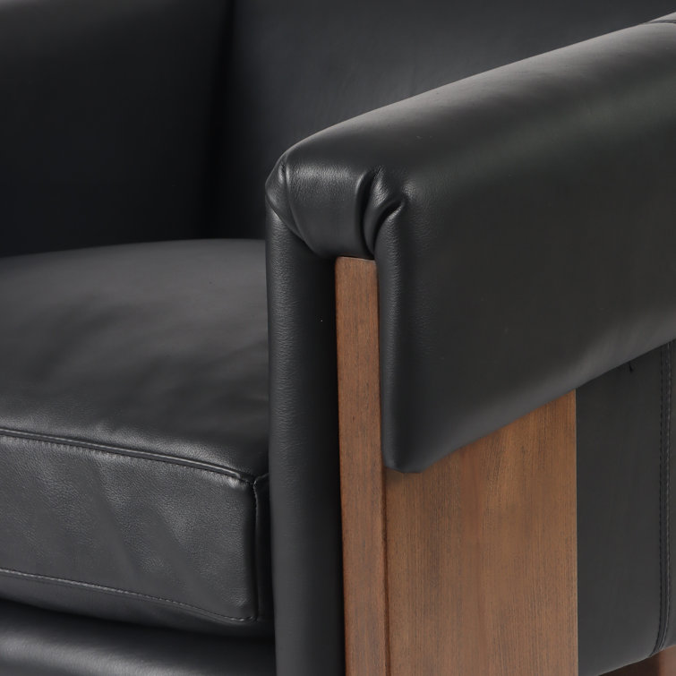 Black Genuine Leather Armchair with Brown Wood Frame