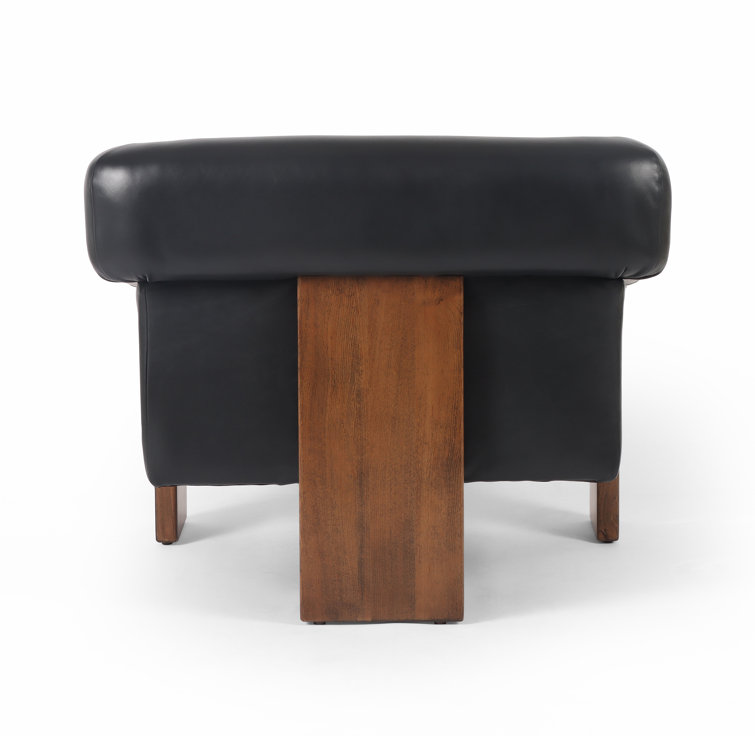 Black Genuine Leather Armchair with Brown Wood Frame
