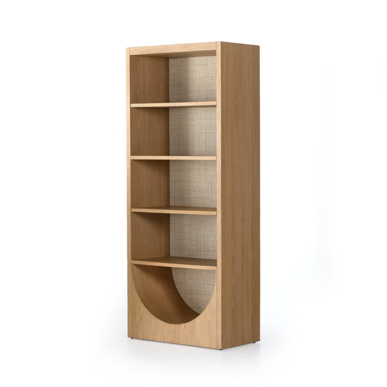 Honey Oak Veneer Adjustable Bookcase with Handwoven Cane Paneling