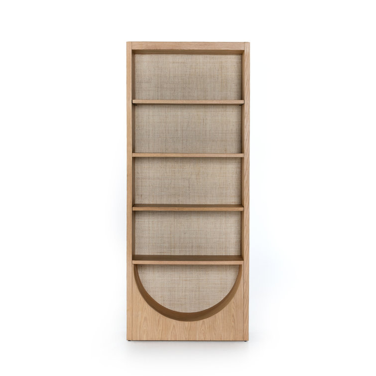 Honey Oak Veneer Adjustable Bookcase with Handwoven Cane Paneling