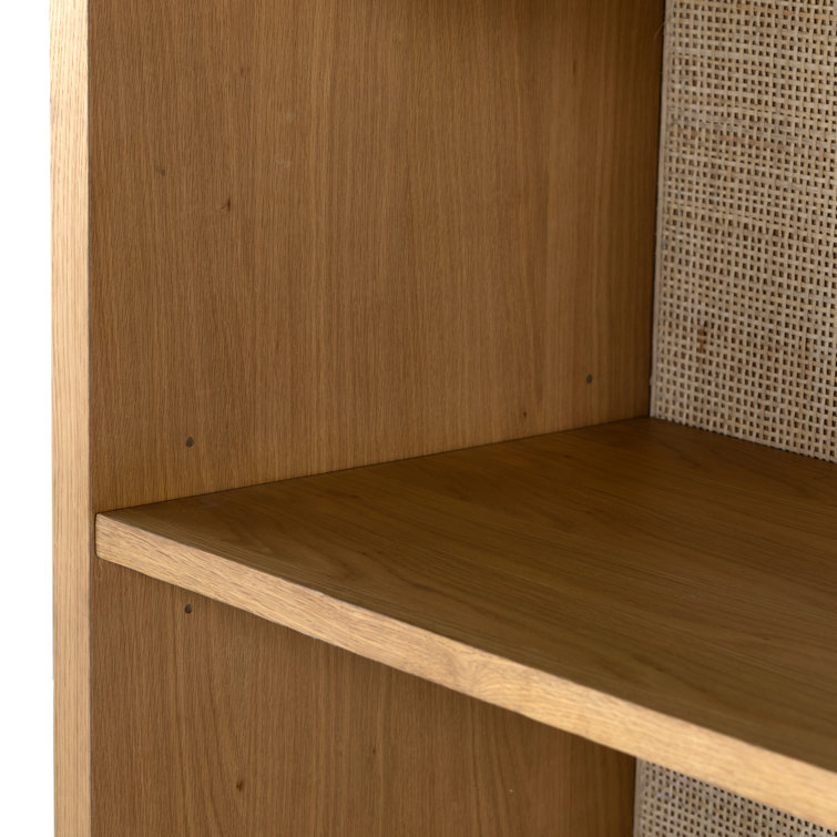 Honey Oak Veneer Adjustable Bookcase with Handwoven Cane Paneling