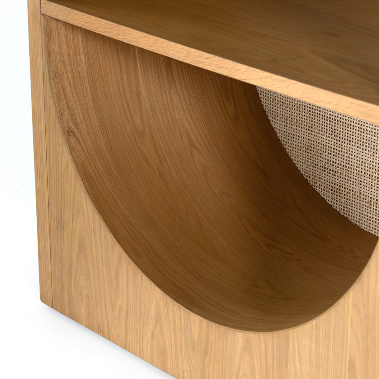 Honey Oak Veneer Adjustable Bookcase with Handwoven Cane Paneling