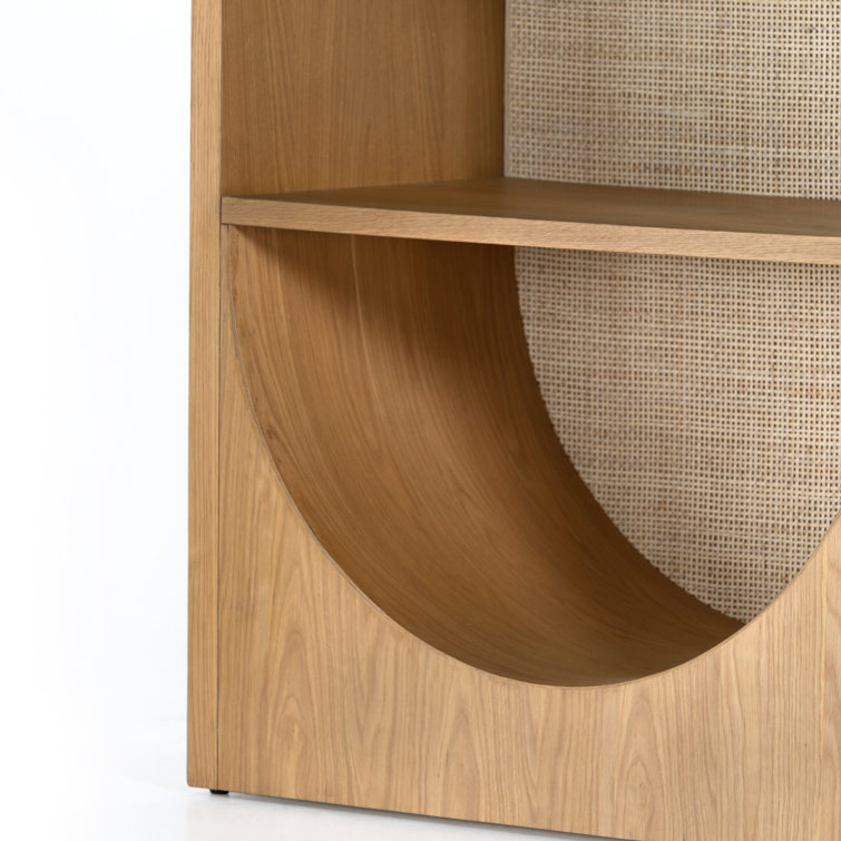 Honey Oak Veneer Adjustable Bookcase with Handwoven Cane Paneling