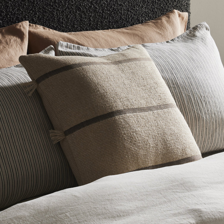 Taupe and Natural Cotton Square Fringe Throw Pillow