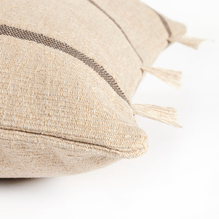 Taupe and Natural Cotton Square Fringe Throw Pillow