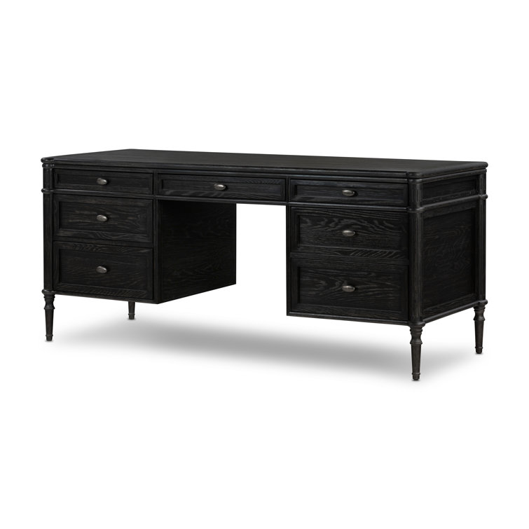 Distressed Black Solid Oak Executive Writing Desk with Drawers