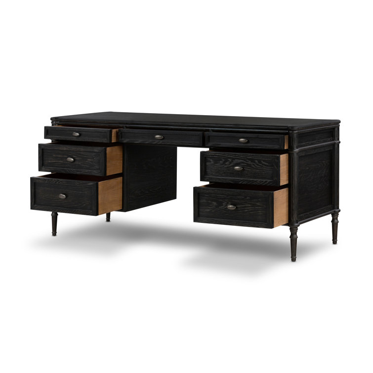 Distressed Black Solid Oak Executive Writing Desk with Drawers