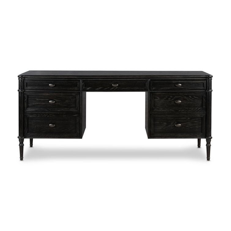 Distressed Black Solid Oak Executive Writing Desk with Drawers