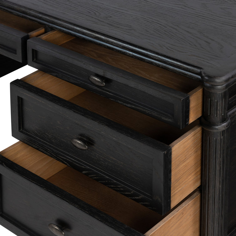 Distressed Black Solid Oak Executive Writing Desk with Drawers