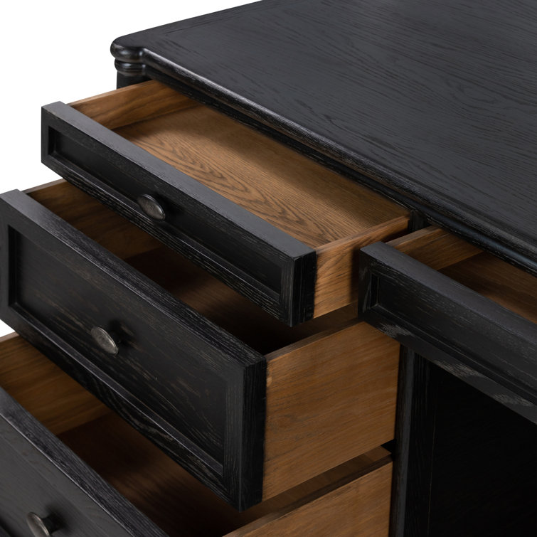 Distressed Black Solid Oak Executive Writing Desk with Drawers
