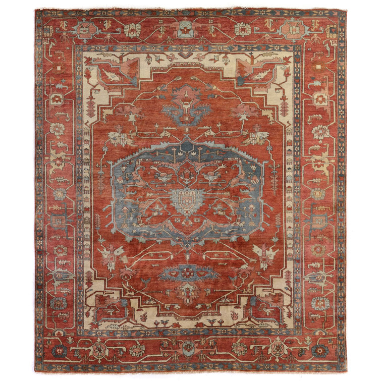 Hand-Knotted Ivory and Rust Wool Rectangular Area Rug