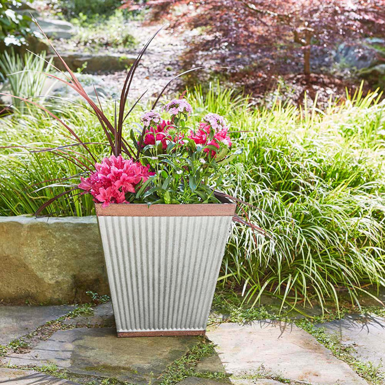 Rustic Galvanized Resin 16" Square Garden Planter, Weathered Finish