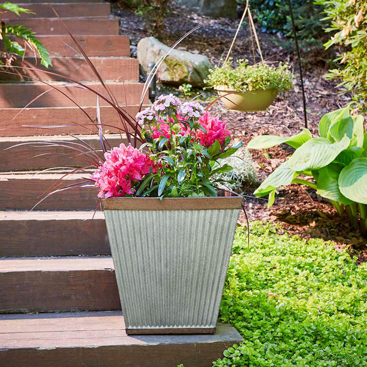 Rustic Galvanized Resin 16" Square Garden Planter, Weathered Finish