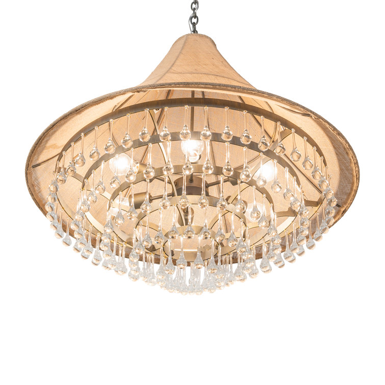 Antique Brass and Crystal Tiered Chandelier with Brown Shade