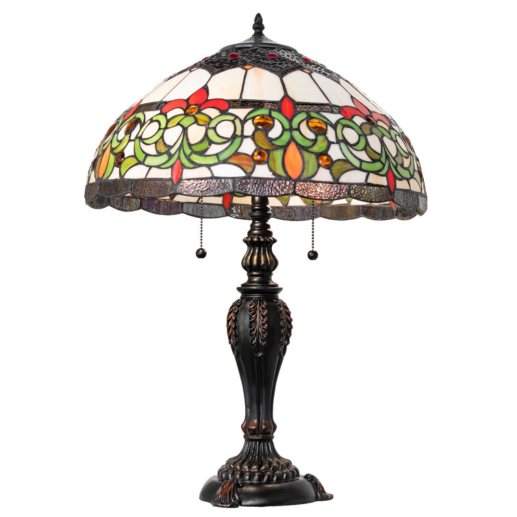 26" Mahogany Bronze Table Lamp with Ruby and Green Stained Glass Shade