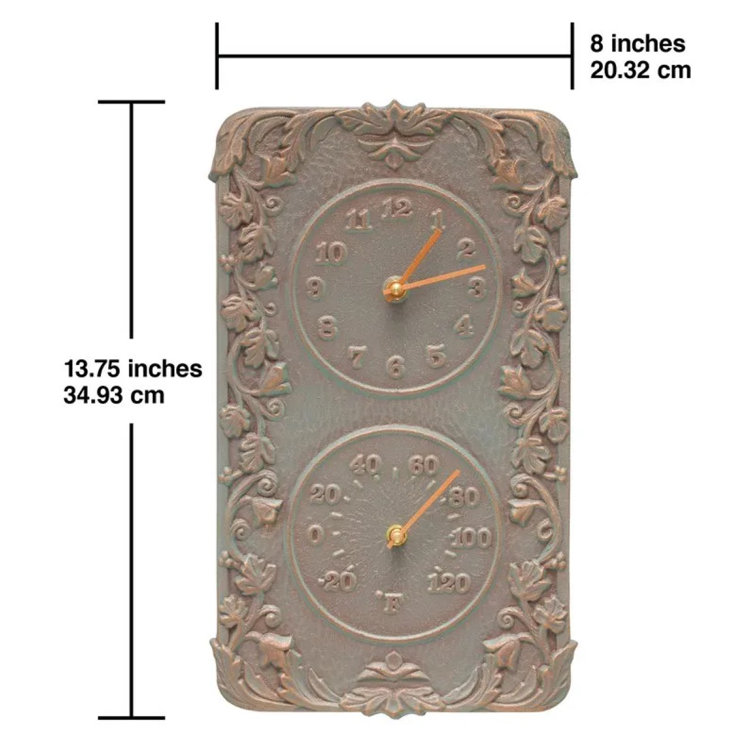 Copper Verdigris Aluminum Outdoor Wall Clock and Thermometer