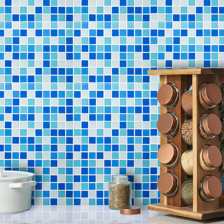 12" x 12" Blue and White Polished Glass Mosaic Wall Tile