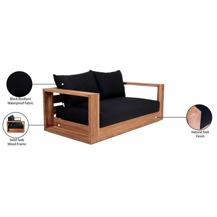 Elberon 63'' Natural Teak Outdoor Loveseat with Black Cushions