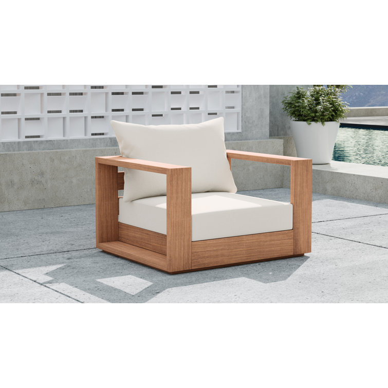 Teak Brown Outdoor Armchair with White Cushions