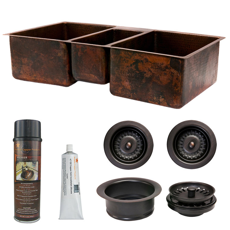 42" Oil Rubbed Bronze Hammered Copper Triple Basin Kitchen Sink
