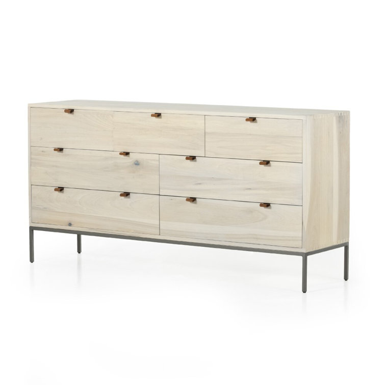 Mid-Century Modern Black 7-Drawer Dresser with Leather Pulls
