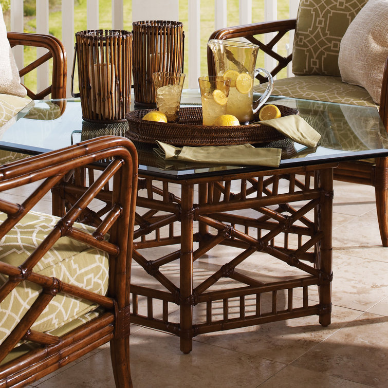 Traditional Key Largo Brown Rattan Cocktail Table with Glass Top