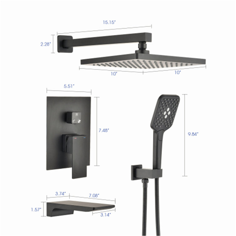 Matte Black Dual Square Rain Shower System with Handheld