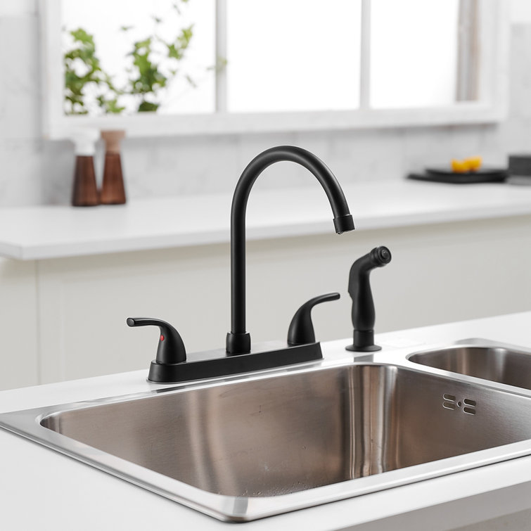 Matte Black Double Handle Bridge Kitchen Faucet with Pull-out Spray