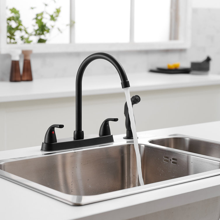 Matte Black Double Handle Bridge Kitchen Faucet with Pull-out Spray