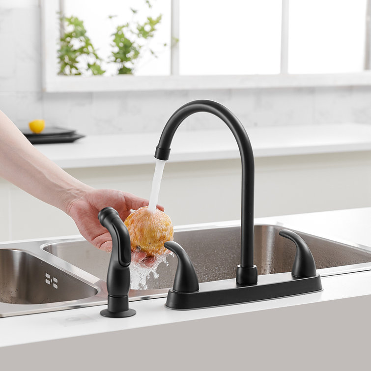 Matte Black Double Handle Bridge Kitchen Faucet with Pull-out Spray