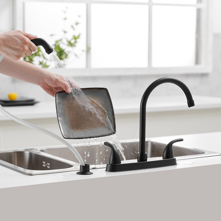 Matte Black Double Handle Bridge Kitchen Faucet with Pull-out Spray