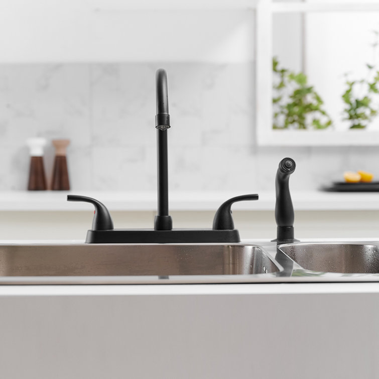 Matte Black Double Handle Bridge Kitchen Faucet with Pull-out Spray