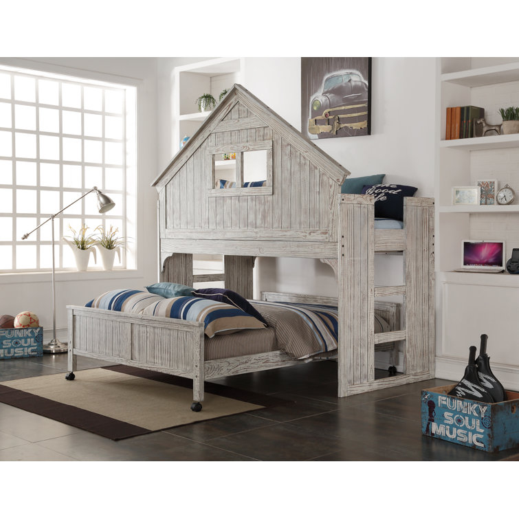 Rustic Loft Full/Double Bed Frame with Pine Wood Headboard in Brushed Driftwood