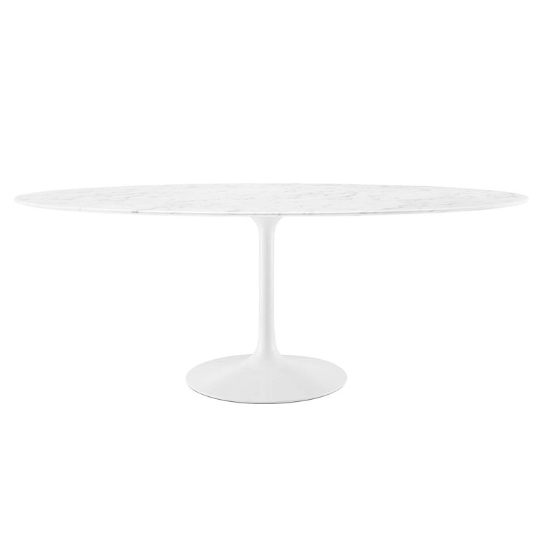 Mid-Century Modern 78" Oval Marble-Top Dining Table with White Base