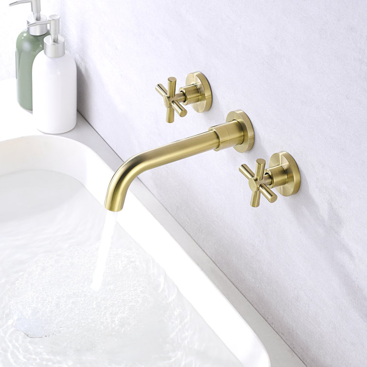 Brushed Brass Wall Mount Bathroom Faucet with Cross Handles