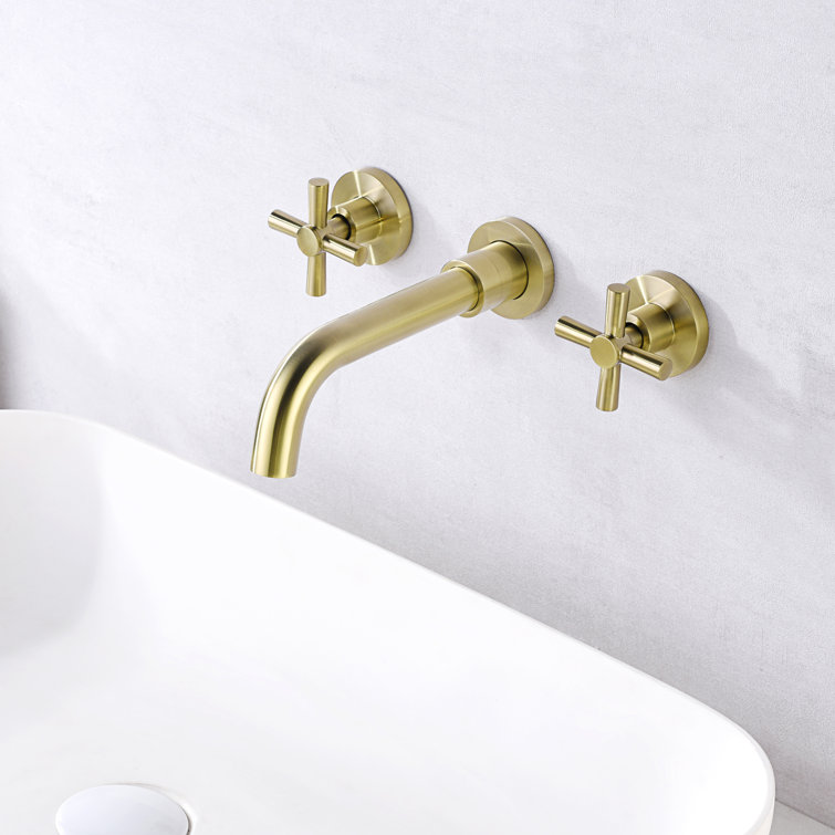 Brushed Brass Wall Mount Bathroom Faucet with Cross Handles