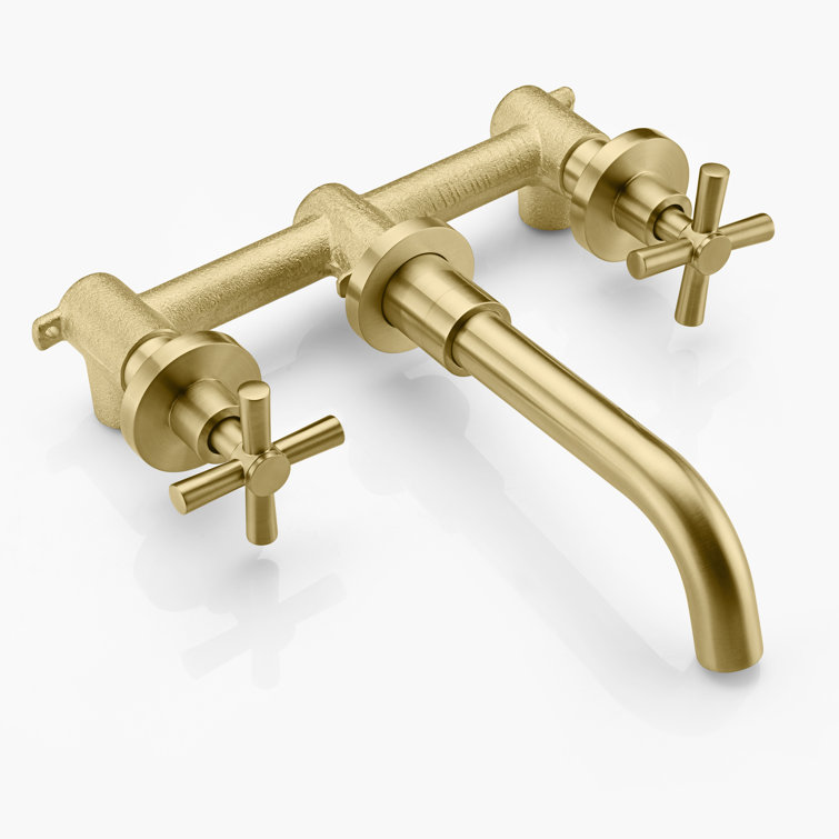 Brushed Brass Wall Mount Bathroom Faucet with Cross Handles