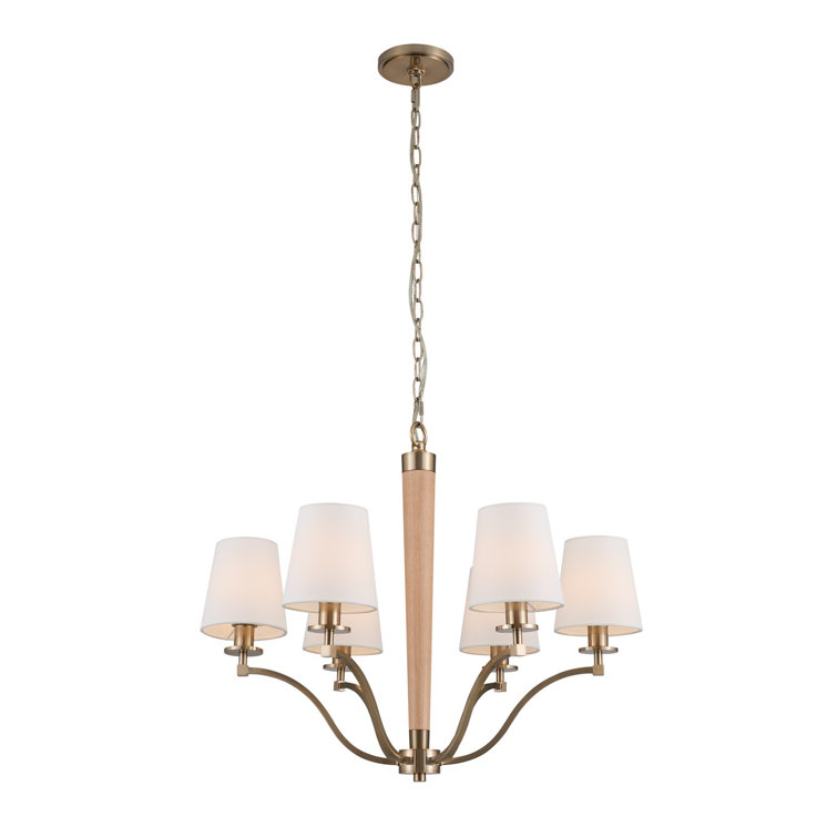 Brushed Champagne Gold 6-Light Brass and Wood Chandelier