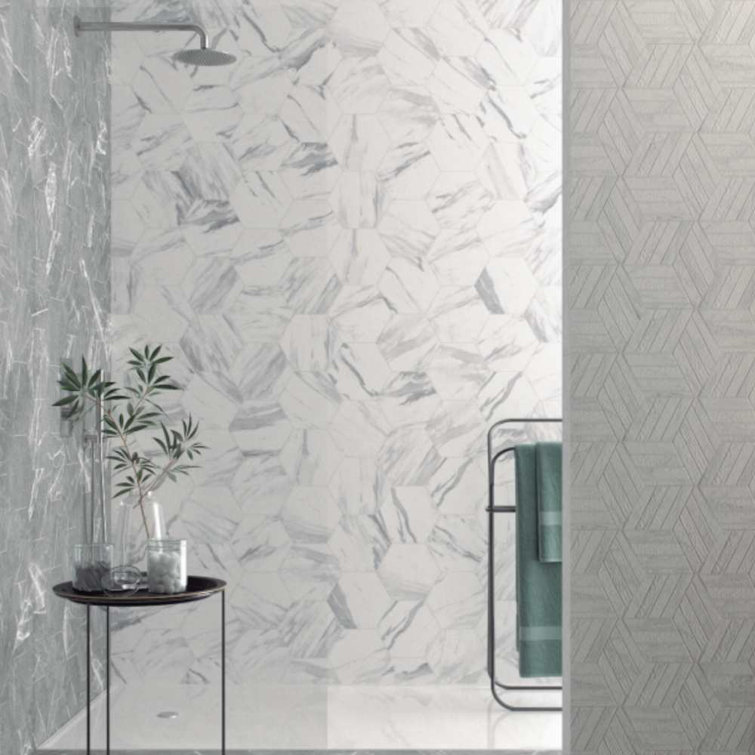 9" x 8" White Porcelain Marble Look Hexagon Tile