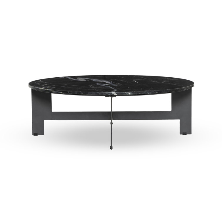 Black Marble Round Coffee Table with Metal Base and Storage