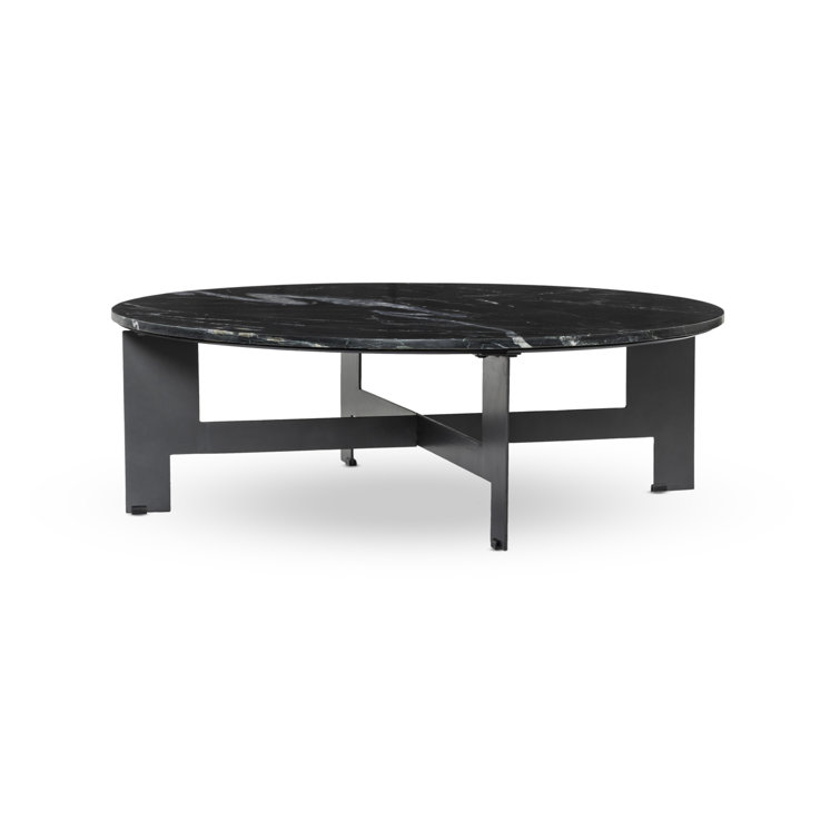 Black Marble Round Coffee Table with Metal Base and Storage