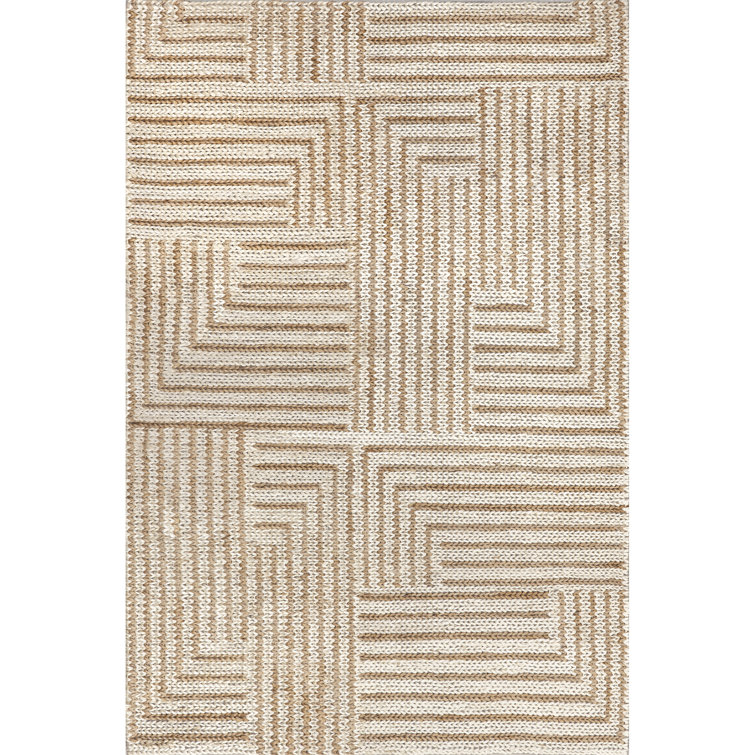 Ivory and Beige Braided Cotton Rectangular Area Rug, 5' x 8'