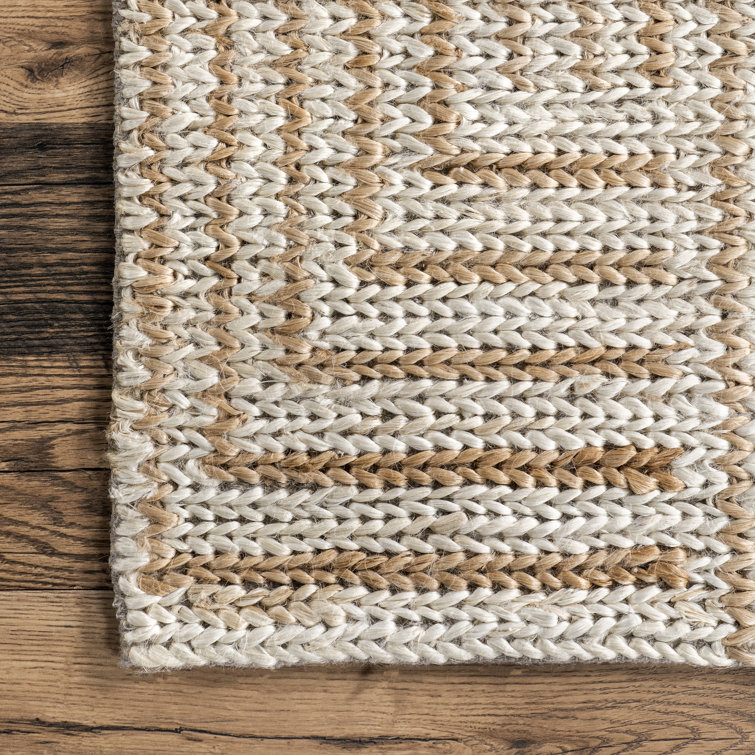 Ivory and Beige Braided Cotton Rectangular Area Rug, 5' x 8'