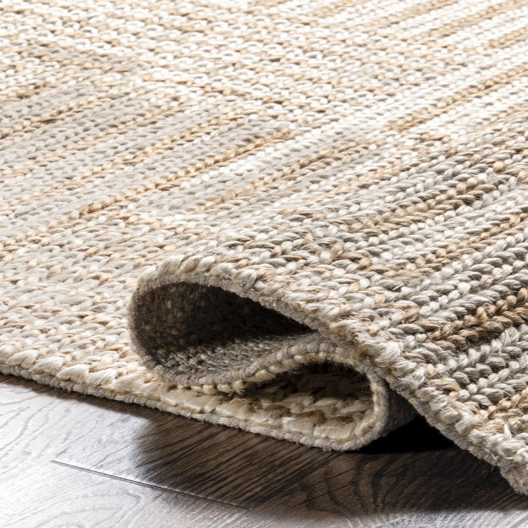 Ivory and Beige Braided Cotton Rectangular Area Rug, 5' x 8'